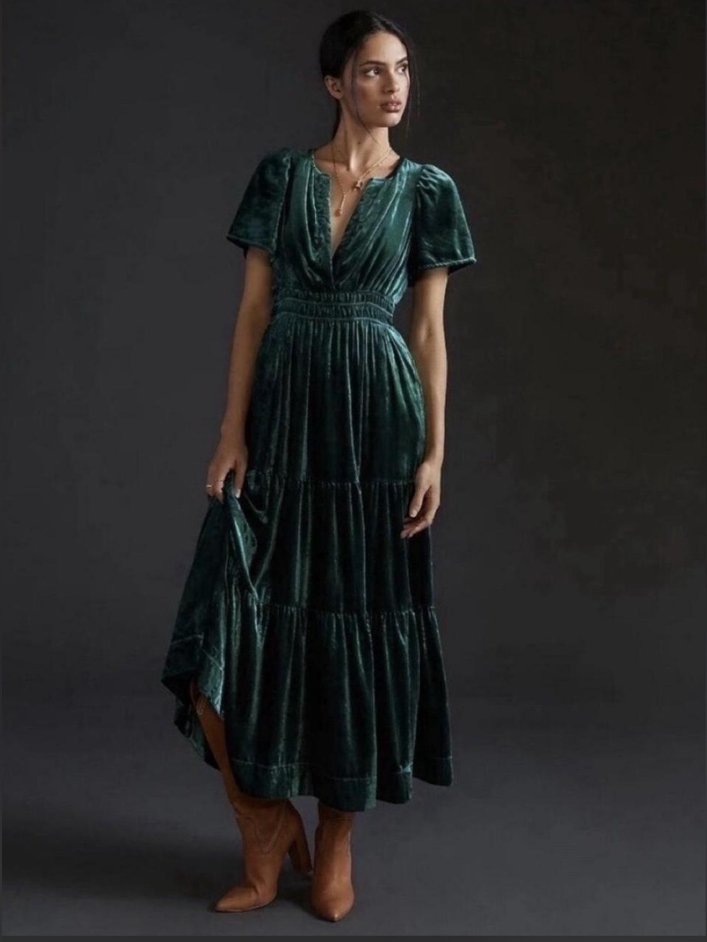 Anthropologie The Somerset Maxi Dress Velvet Edition Dark Green Size S